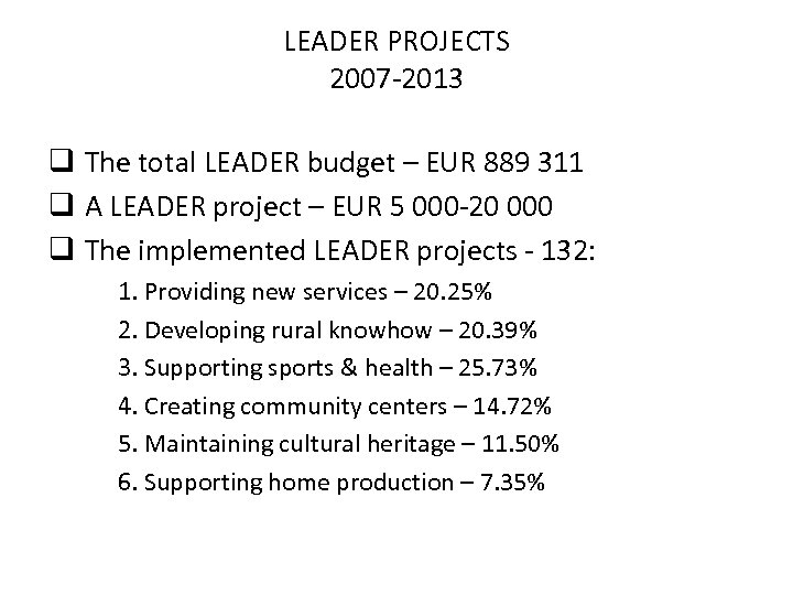 LEADER PROJECTS 2007 -2013 q The total LEADER budget – EUR 889 311 q