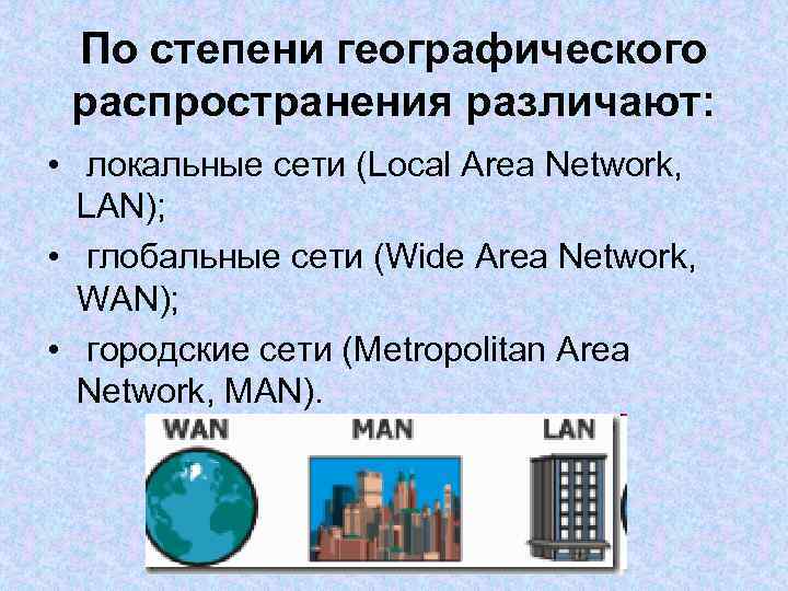 По степени географического распространения различают: • локальные сети (Local Area Network, LAN); • глобальные