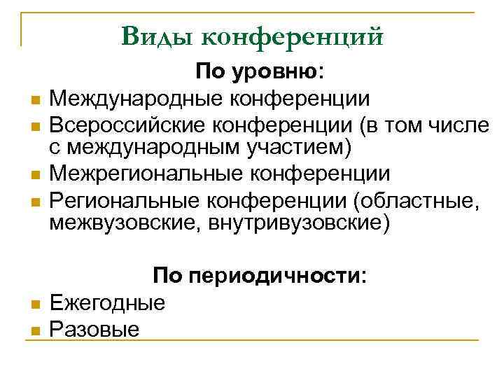 Виды конференций n n n По уровню: Международные конференции Всероссийские конференции (в том числе