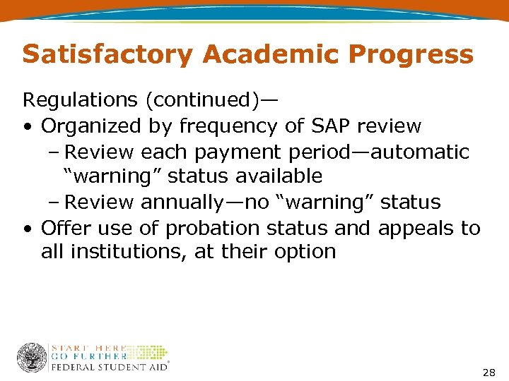 Satisfactory Academic Progress Regulations (continued)— • Organized by frequency of SAP review – Review