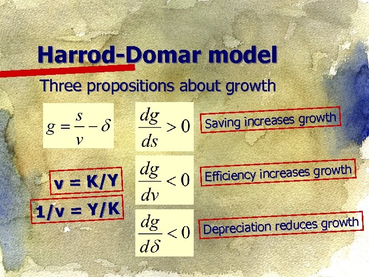 Harrod-Domar model Three propositions about growth th Saving increases grow v = K/Y 1/v