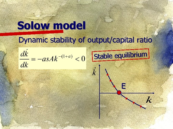 Solow model Dynamic stability of output/capital ratio Stable equilibrium E 
