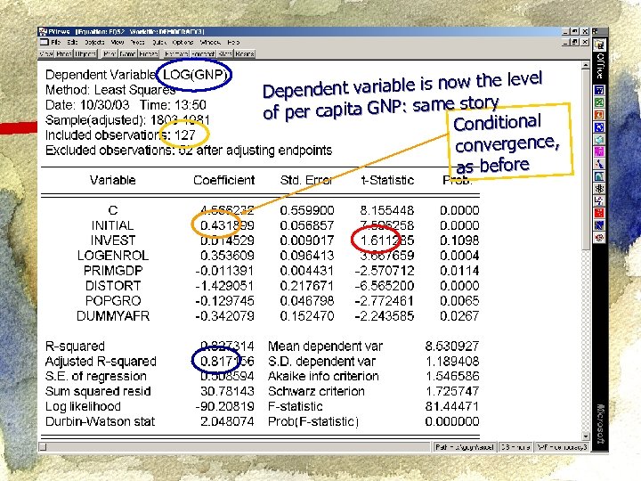 the level ndent variable is now Depe e story of per capita GNP: sam