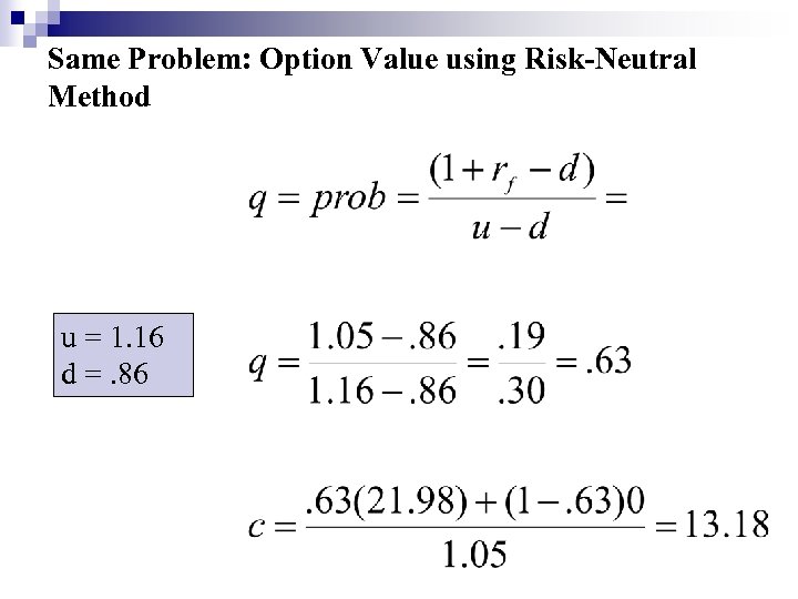 Same Problem: Option Value using Risk-Neutral Method u = 1. 16 d =. 86
