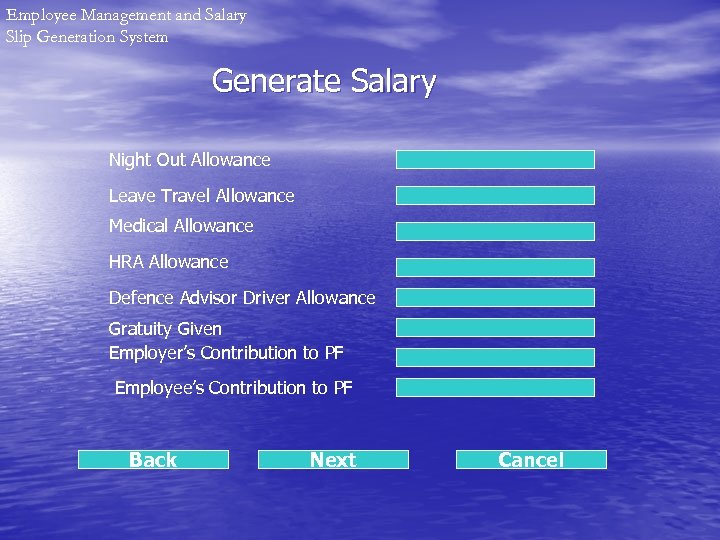 Employee Management and Salary Slip Generation System Generate Salary Night Out Allowance Leave Travel