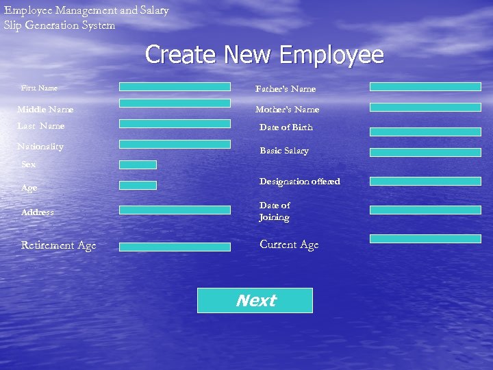 Employee Management and Salary Slip Generation System Create New Employee First Name Middle Name