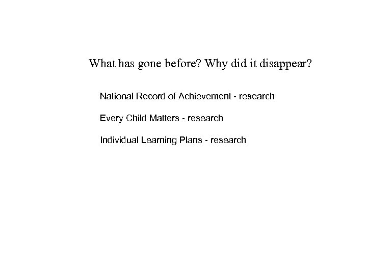 What has gone before? Why did it disappear? National Record of Achievement - research