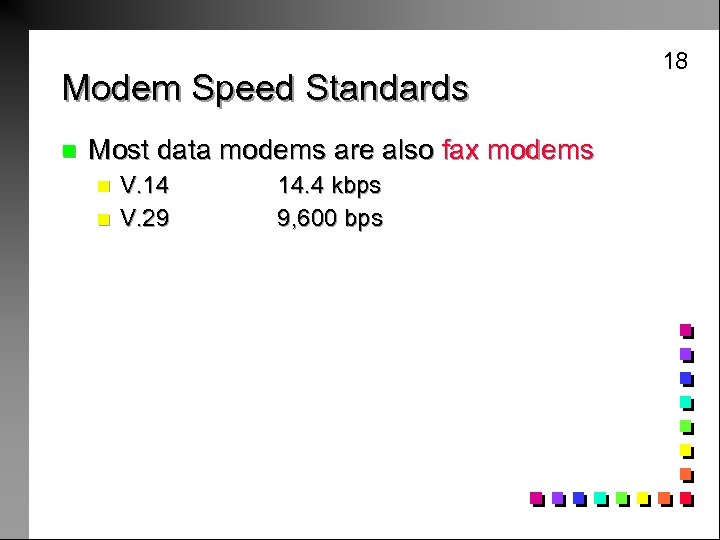 Modem Speed Standards n Most data modems are also fax modems n n V.