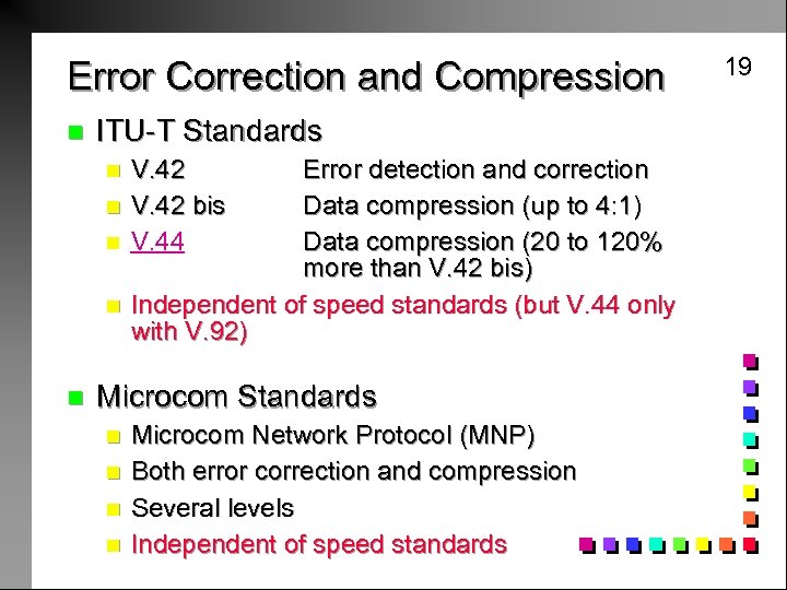 Error Correction and Compression n ITU-T Standards n n n V. 42 bis V.