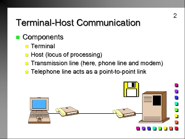 2 Terminal-Host Communication n Components n n Terminal Host (locus of processing) Transmission line