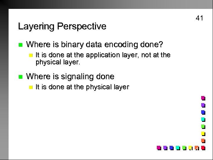 Layering Perspective n Where is binary data encoding done? n n 41 It is