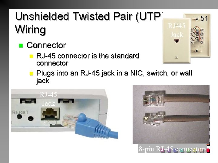 Unshielded Twisted Pair (UTP) Wiring n RJ-45 Jack 51 Connector n n RJ-45 connector