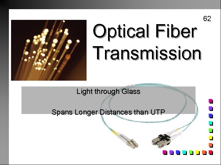 Optical Fiber Transmission Light through Glass Spans Longer Distances than UTP 62 