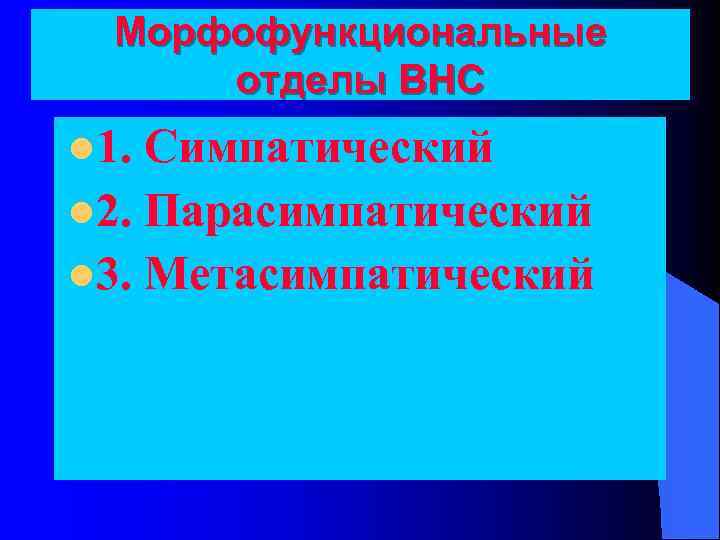 Морфофункциональные отделы ВНС l 1. Симпатический l 2. Парасимпатический l 3. Метасимпатический 