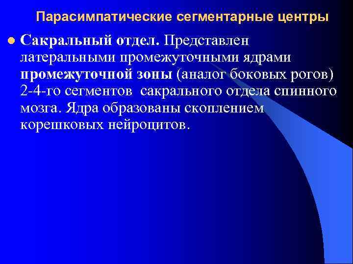 Парасимпатические сегментарные центры l Сакральный отдел. Представлен латеральными промежуточными ядрами промежуточной зоны (аналог боковых