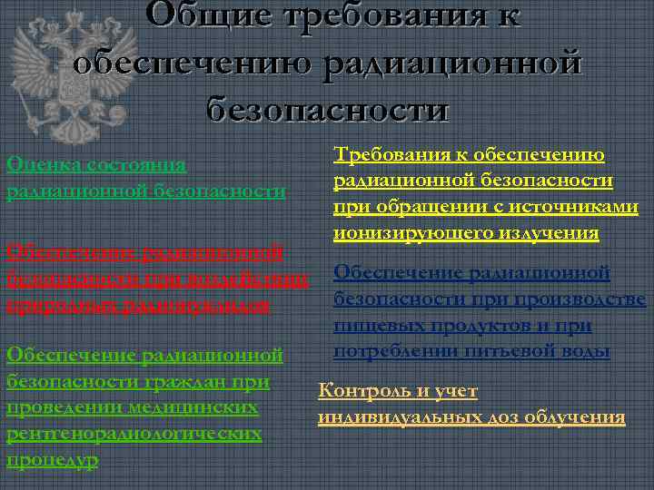  Общие требования к обеспечению радиационной безопасности Оценка состояния радиационной безопасности Обеспечение радиационной безопасности