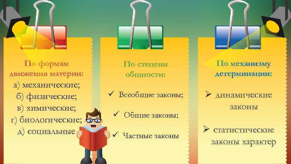 По формам движения материи: а) механические; б) физические; в) химические; г) биологические; д) социальные