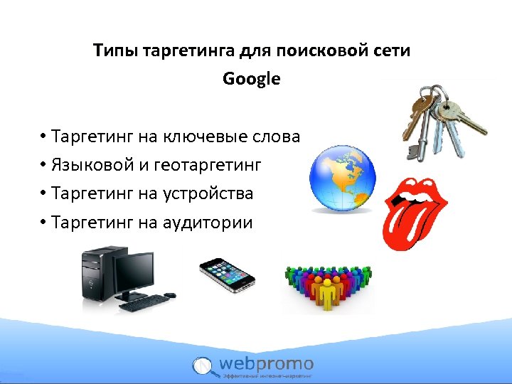 Типы таргетинга для поисковой сети Google • Таргетинг на ключевые слова • Языковой и