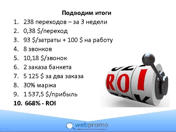 Подводим итоги 1. 238 переходов – за 3 недели 2. 0, 38 $/переход 3.