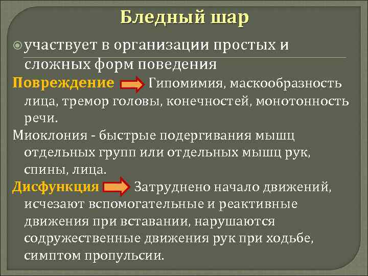 Бледный шар участвует в организации простых и сложных форм поведения Повреждение Гипомимия, маскообразность лица,