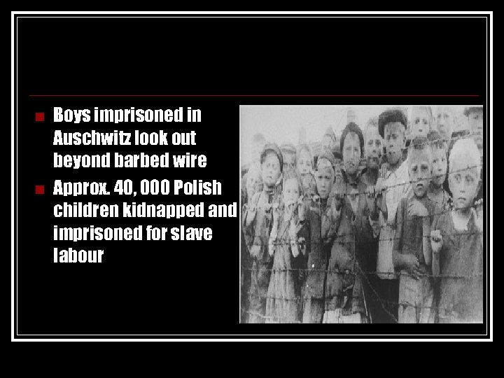 n n Boys imprisoned in Auschwitz look out beyond barbed wire Approx. 40, 000