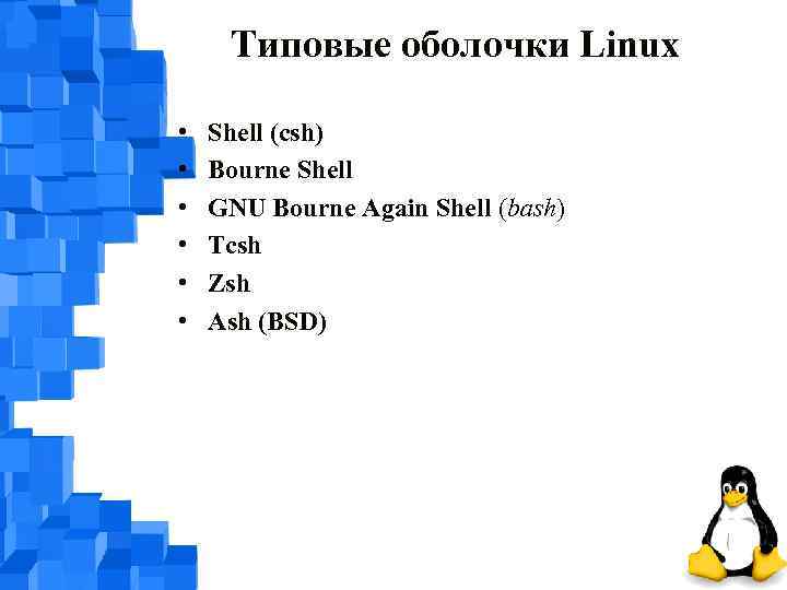 Типовые оболочки Linux • • • Shell (csh) Bourne Shell GNU Bourne Again Shell