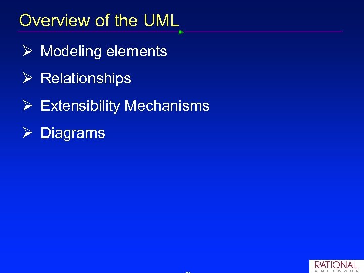 Overview of the UML Ø Modeling elements Ø Relationships Ø Extensibility Mechanisms Ø Diagrams