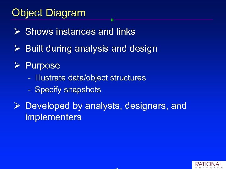 Object Diagram Ø Shows instances and links Ø Built during analysis and design Ø