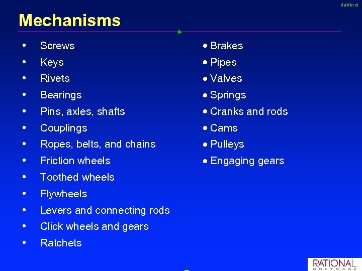 da. Vinci Mechanisms Screws · Brakes Keys · Pipes Rivets · Valves Bearings ·