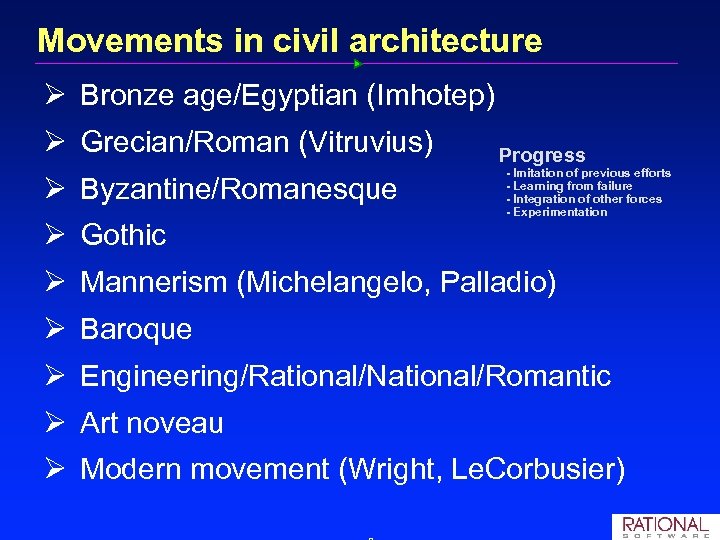 Movements in civil architecture Ø Bronze age/Egyptian (Imhotep) Ø Grecian/Roman (Vitruvius) Ø Byzantine/Romanesque Ø