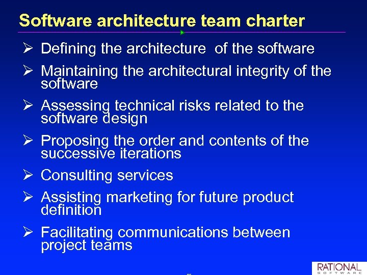 Software architecture team charter Ø Defining the architecture of the software Ø Maintaining the