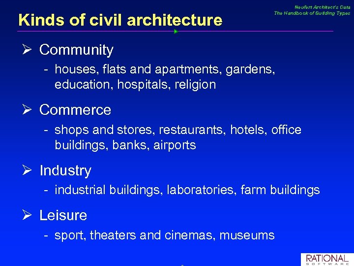 Kinds of civil architecture Neufert Architect’s Data The Handbook of Building Types Ø Community