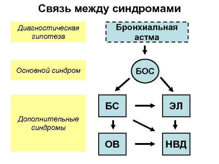 Связь между синдромами Диагностическая гипотеза Бронхиальная астма Основной синдром БОС БС ЭЛ ОВ НВД