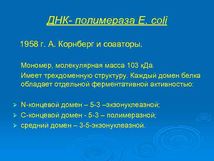 ДНК- полимераза E. coli 1958 г. А. Корнберг и соавторы. Мономер, молекулярная масса 103
