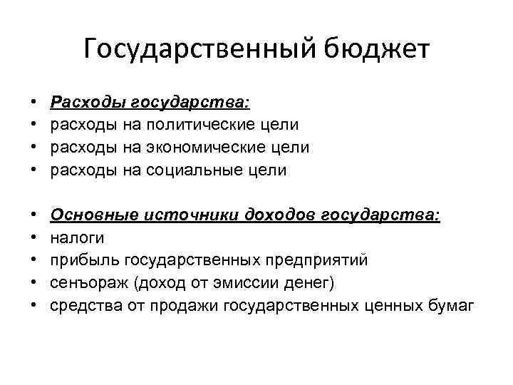 Государственный бюджет • • Расходы государства: расходы на политические цели расходы на экономические цели