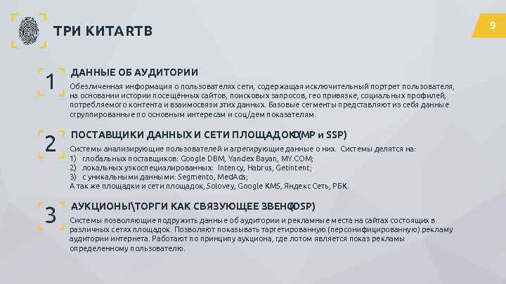 ТРИ КИТА RTB 1 2 3 ДАННЫЕ ОБ АУДИТОРИИ Обезличенная информация о пользователях сети,