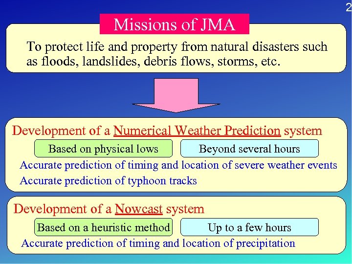 2 Missions of JMA To protect life and property from natural disasters such as