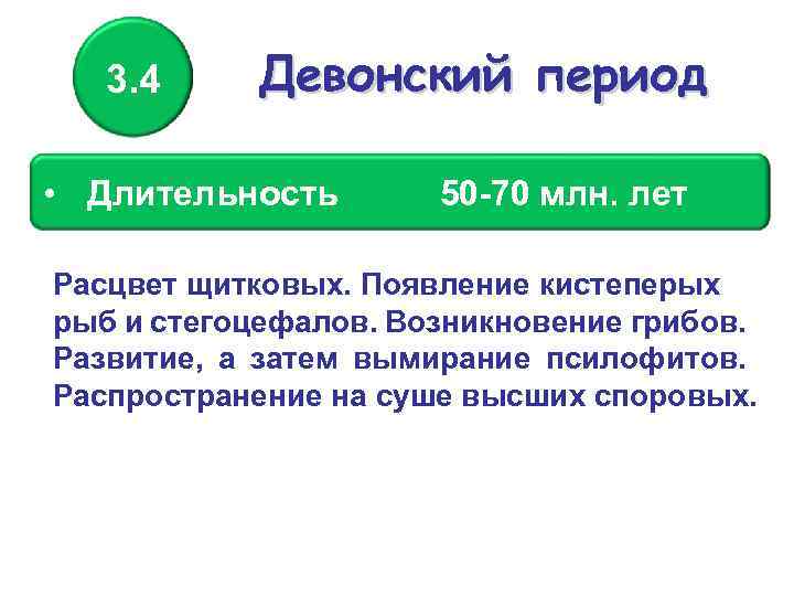 3. 4 Девонский период • Длительность 50 -70 млн. лет Расцвет щитковых. Появление кистеперых