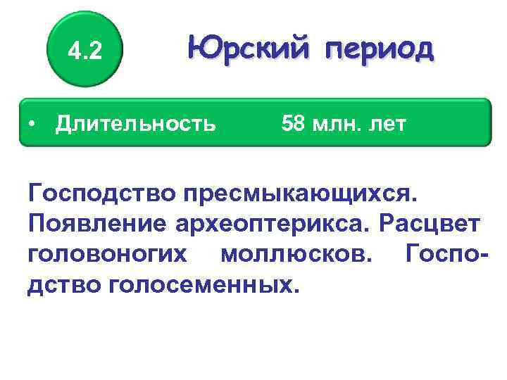 4. 2 Юрский период • Длительность 58 млн. лет Господство пресмыкающихся. Появление археоптерикса. Расцвет