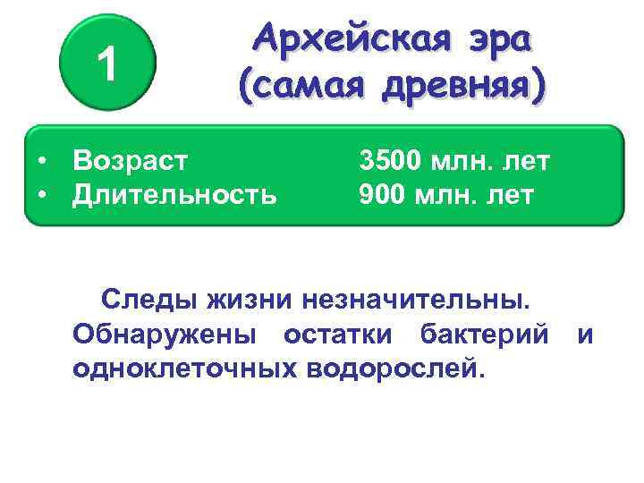 1 Архейская эра (самая древняя) • Возраст • Длительность 3500 млн. лет 900 млн.