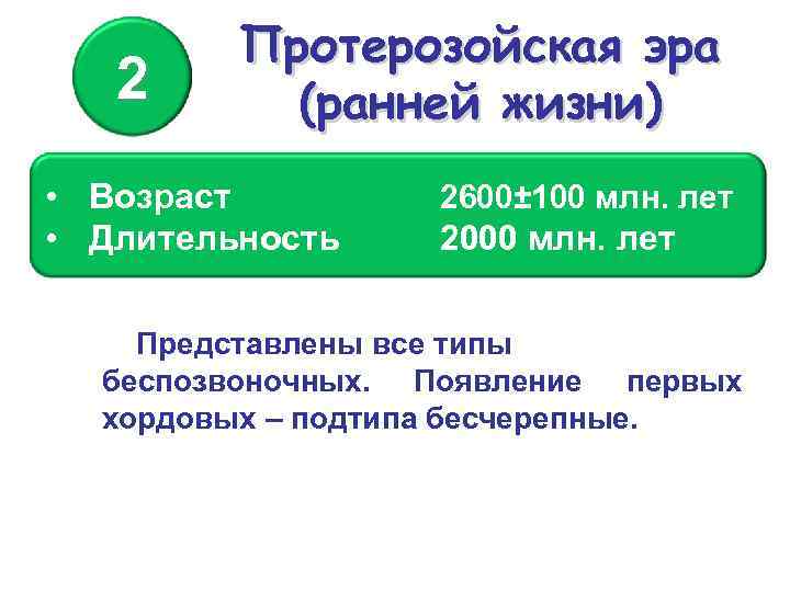 2 Протерозойская эра (ранней жизни) • Возраст • Длительность 2600± 100 млн. лет 2000