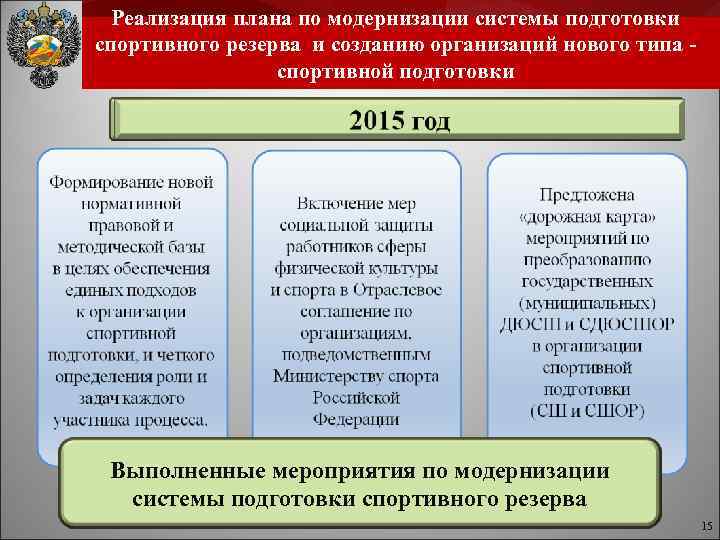 Реализация плана по модернизации системы подготовки спортивного резерва и созданию организаций нового типа -