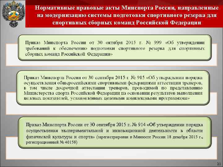 Нормативные правовые акты Минспорта России, направленные на модернизацию системы подготовки спортивного резерва для спортивных