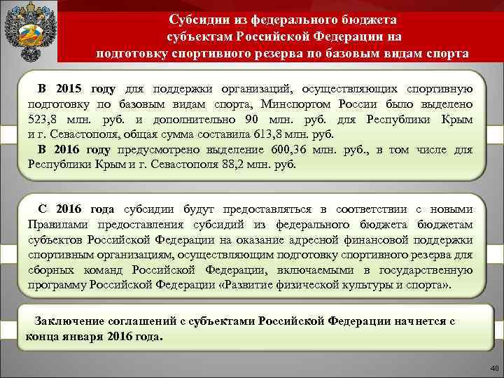 Субсидии из федерального бюджета субъектам Российской Федерации на подготовку спортивного резерва по базовым видам