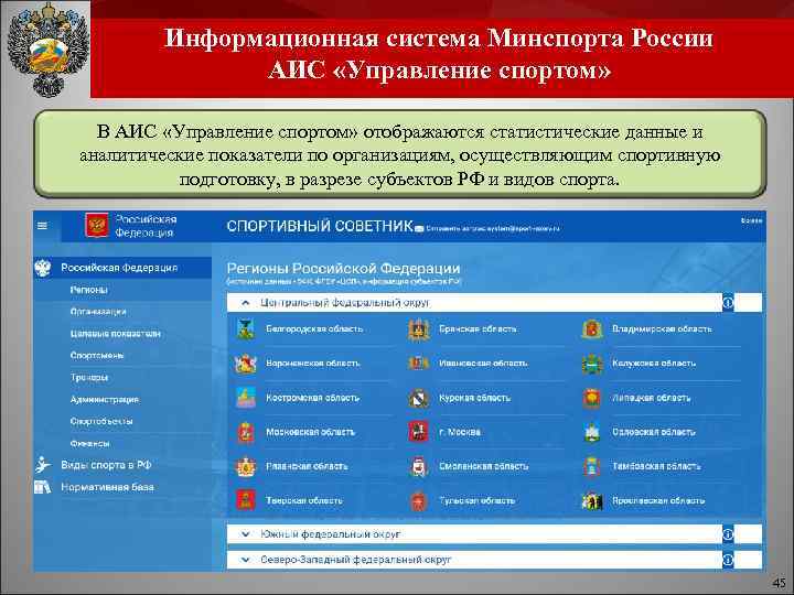 Информационная система Минспорта России АИС «Управление спортом» В АИС «Управление спортом» отображаются статистические данные