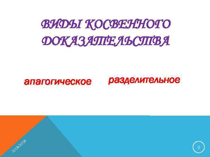 ВИДЫ КОСВЕННОГО ДОКАЗАТЕЛЬСТВА апагогическое 1 20 2 / 18 / разделительное 8 9 