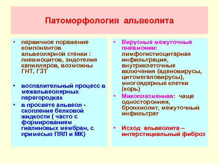 Патоморфология альвеолита • первичное поражение компонентов альвеолярной стенки : пневмоцитов, эндотелия капилляров, возможны ГНТ,