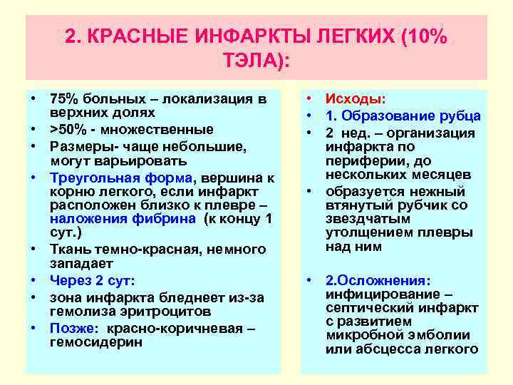 2. КРАСНЫЕ ИНФАРКТЫ ЛЕГКИХ (10% ТЭЛА): • 75% больных – локализация в верхних долях