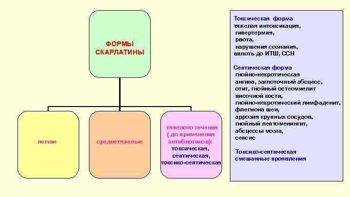 Токсическая форма тяжелая интоксикация, гипертермия, рвота, нарушения сознания, вплоть до ИТШ, ССН ФОРМЫ СКАРЛАТИНЫ