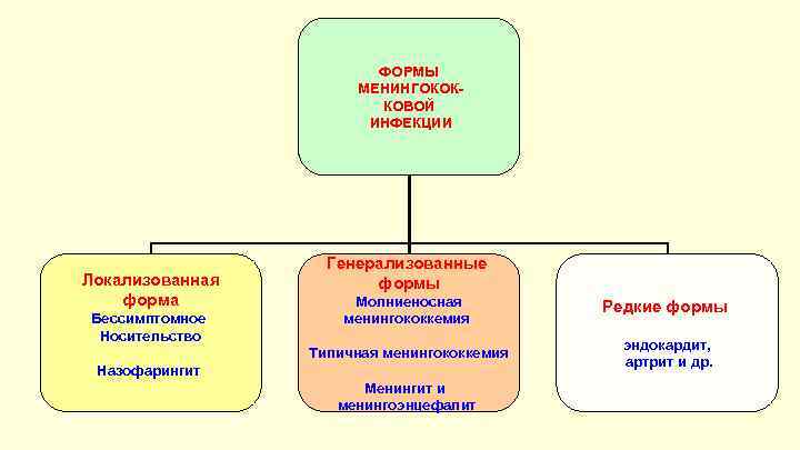 ФОРМЫ МЕНИНГОКОККОВОЙ ИНФЕКЦИИ Локализованная форма Генерализованные формы Редкие формы Типичная менингококкемия Бессимптомное Носительство Молниеносная